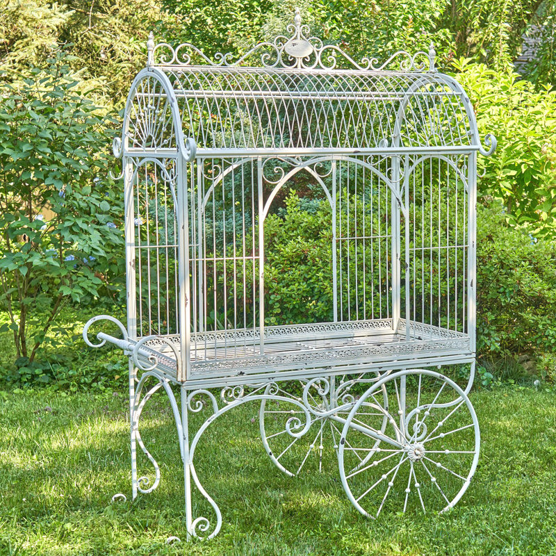 Large Antique White Metal Flower Cart with Curved Roof