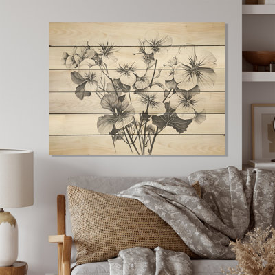 Minimalism Black And White Geraniums - Geraniums Wood Wall Art On Natural Pine Wood