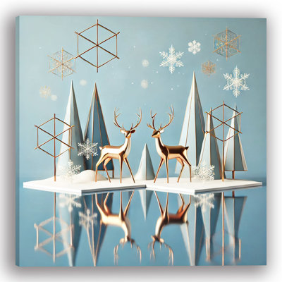 Art mural sur toile tendue Golden Deer and Abstract Trees in Winter Reflections