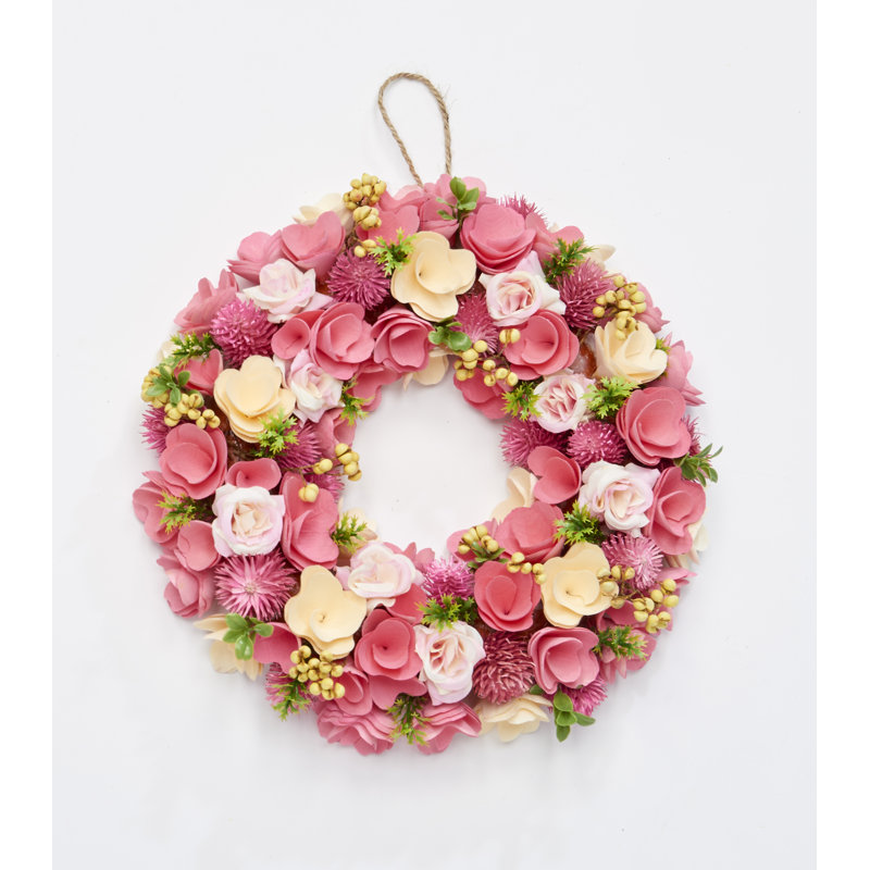 12" Pink Flower & Wood Curl Wreath
