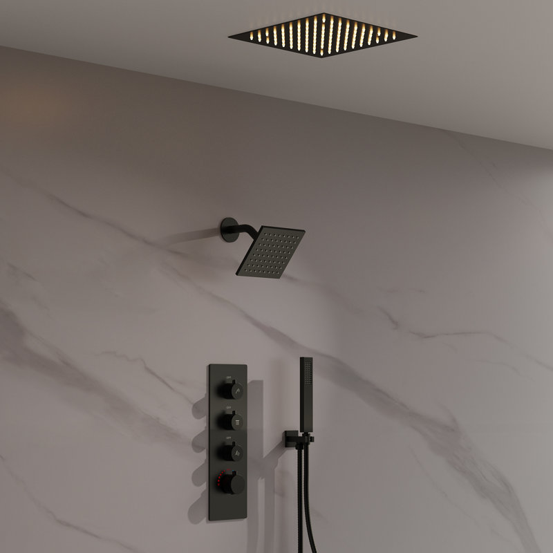 Thermostatic Dual Showerheads System, Ceiling Mount 12" LED Rainfall Shower Faucet with 6" Shower Head, Handheld Spray