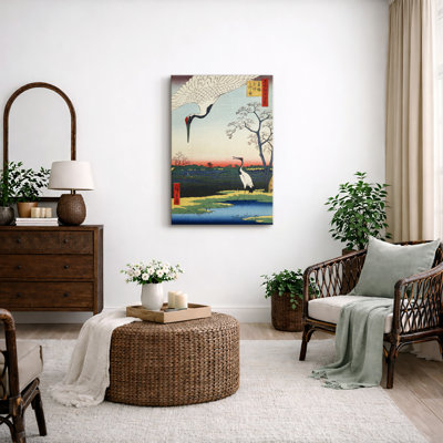 «Crane pair at Sunset Landscape», art japonais traditionnel, images d'oiseaux et de paysages, impression sur toile encadrée