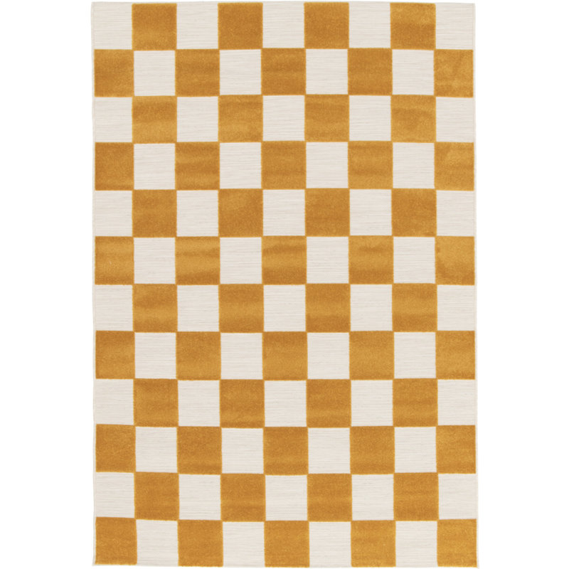 Philo Chequered Machine Woven Relief Indoor Outdoor Yellow Area Rug, Rectangle 123 x 170cm