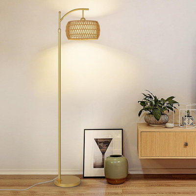 Lampadaire arqué à 3 températures de couleur, lampadaire DEL doré avec télécommande et ampoule à intensité variable, lampadaire bohème avec abat-jour en rotin et tissu, lampadaire haut de style ferme pour salon ou chambre