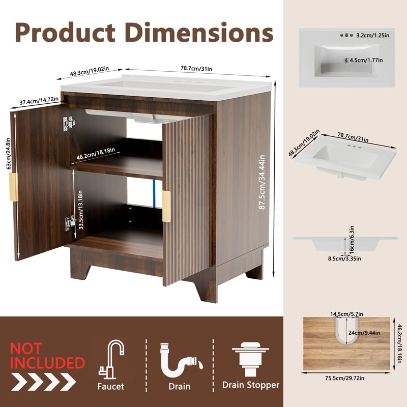 Meuble-lavabo autoportant de 79 cm (31 pouces) avec lavabo en résine, portes ondulées à motif cannelé, double compartiment de rangement, meuble de rangement en bois, couleur noyer brun