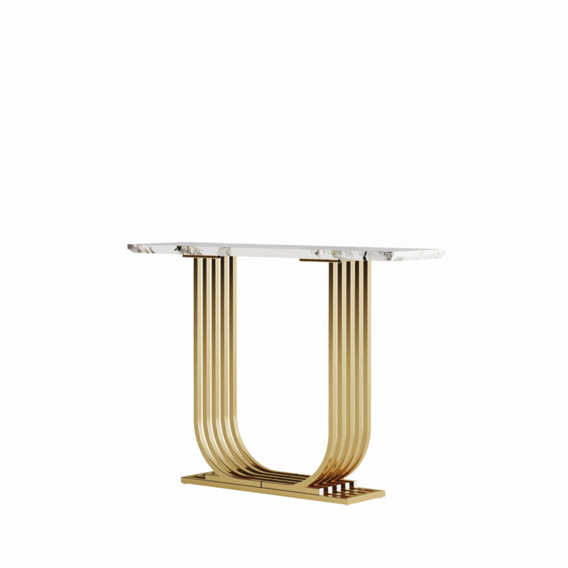 43.3-Inch Accent Table, Console,  Modern Wooden Imitation Marble Counter Top Console Table, Narrow Type, Sofa, Living Room, Bedroom