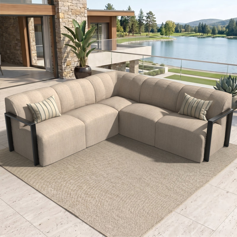 Canapé d'angle moderne en aluminium à structure ouverte, 5 pièces, recouvert de tissu Sunbrella, Tissu cendre Sunbrella