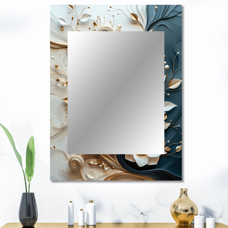 «White», encre liquide noire et pivoines II - miroir décoratif pivoines, miroir mural traditionnel, impression sur métal