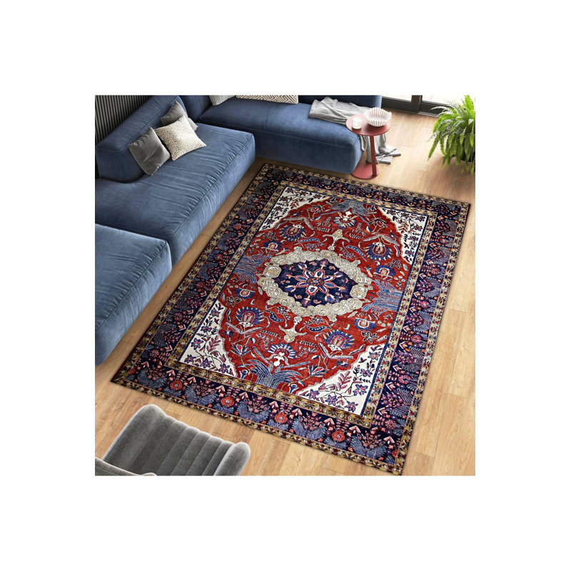 Tapis lavable rétro à motif traditionnel et motif floral bourgogne, Tapis de couloir 4 pi 11 po x 9 pi 10 po inclus