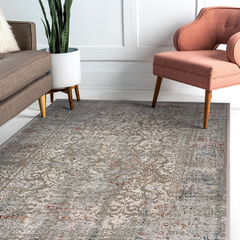Modern Soft Damask Power-Loomed Polyester Indoor Area Rug, Gray/Red, Rectangle 7'10" x 10'9"