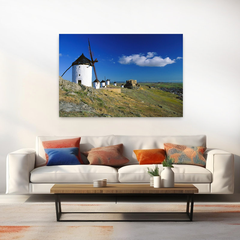 Old Historic Windmills On Hill, Consuegra, Castilla La Mancha, Spain Traditional Contemporary Architecture Urban Wall Art