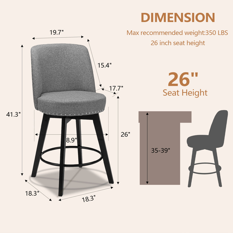 MINCETA Counter Height Bar Stools Set of 2, 26" Swivel Bar Stools with Solid Wood Legs, Farmhouse Upholstered Barstools with Nailhead Trim Design for Kitchen Island, Home Bar, Performance Fabric, Gray