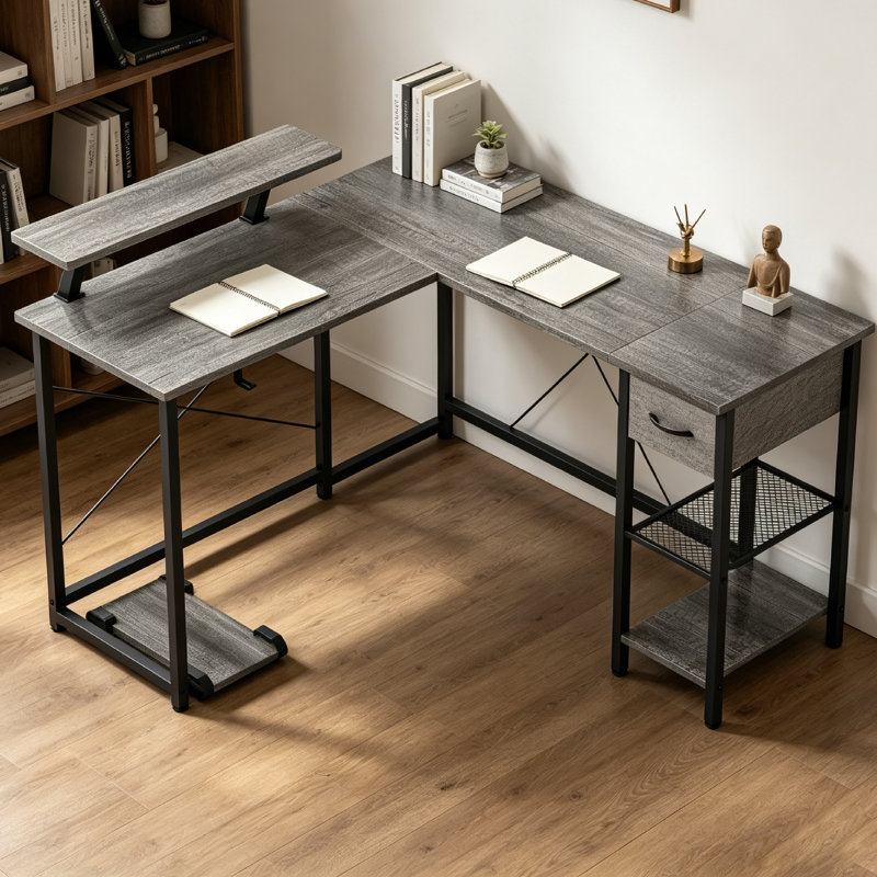 Bureau en L, bureau d'écriture, bureau personnel avec tiroirs et tablettes de rangement, bureau de jeu en L, Gris