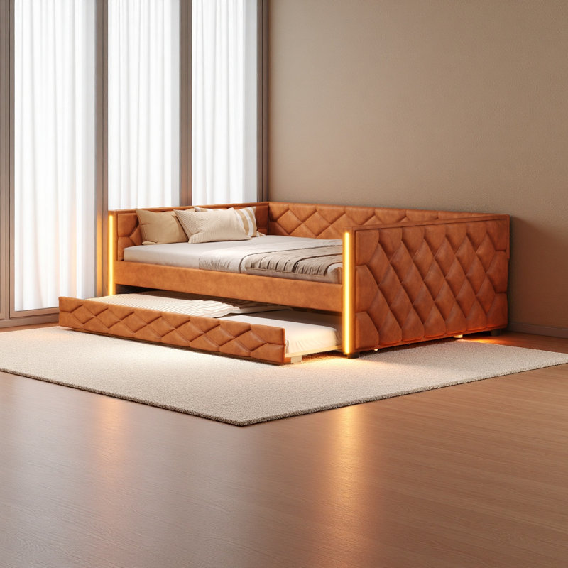 Full XL Size Upholstered Daybed With Trundle And LED, Brown