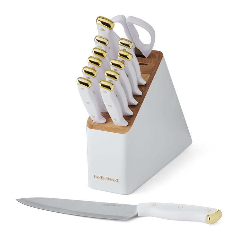 Farberware Triple Riveted Knife Block Set, 14-Piece, White And Gold