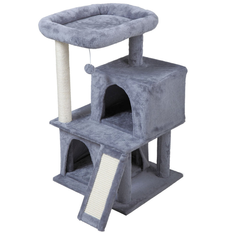 Arbre à chat gris à double couche avec maison et, fait de flanelle de panneau de particules, 19,7 pouces de profondeur, 17,7 de largeur, 34 de hauteur, 25,71 lb, construction sécurisée, deux zones de couchage, sur le dessus, assemblage facile à suivre