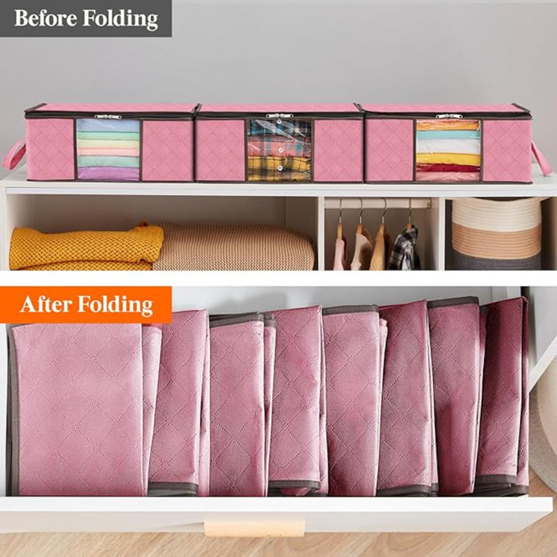 Ensemble de 6 sacs de rangement pour vêtements, organisateur de casier pliable avec poignée renforcée, rangement pour couverture en tissu robuste avec fenêtre transparente, contenants de rangement pour vêtements, literie, rose