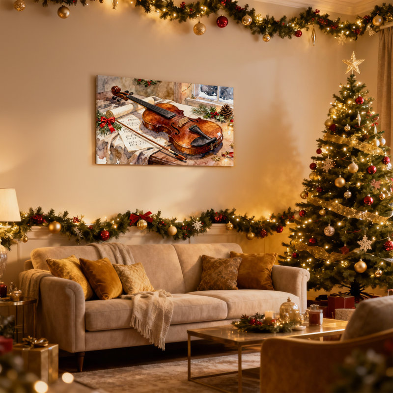 Ensemble de 3 impressions sur toile de Noël, violon, feuilles de pin, fenêtre, neige, ensemble, H 12 po x l 18 po