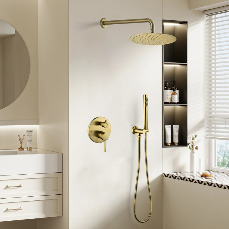 1-Spray Patterns 9.84 In. Wall Mount Dual Fixed And Handheld Shower Head 1.8 GPM In Brushed Gold
