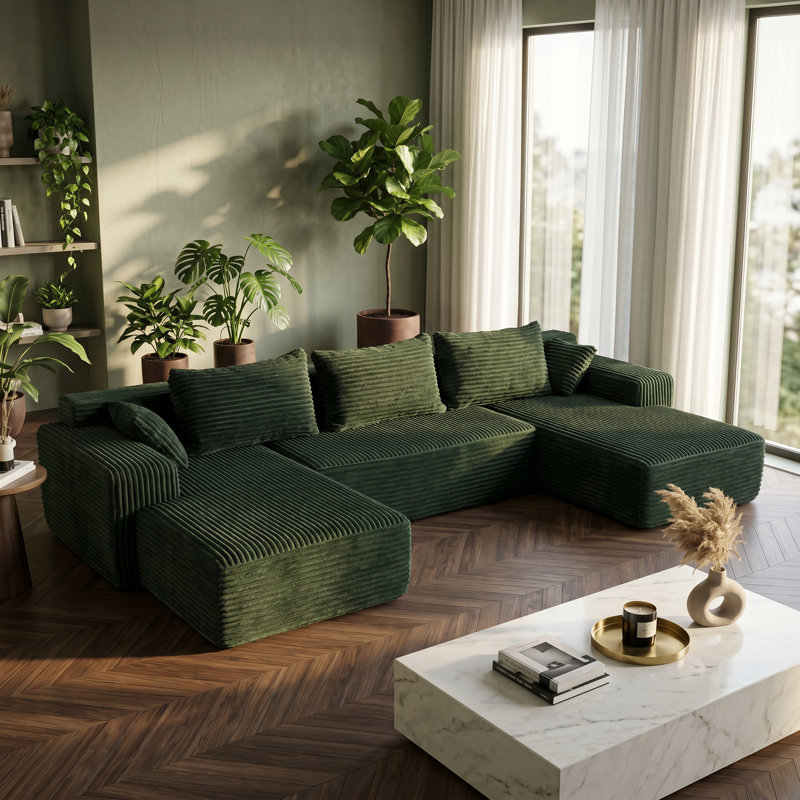 Modular Sectional Sofa, No Assembly Compressed Foam Couch With Chenille Upholstery Boneless, Modern Low-Profile Living Room Sofa