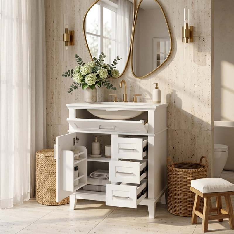Meuble-lavabo autoportant 24 po avec lavabo en céramique, rangement rabattable et 3 tiroirs, transitionnel, petit espace