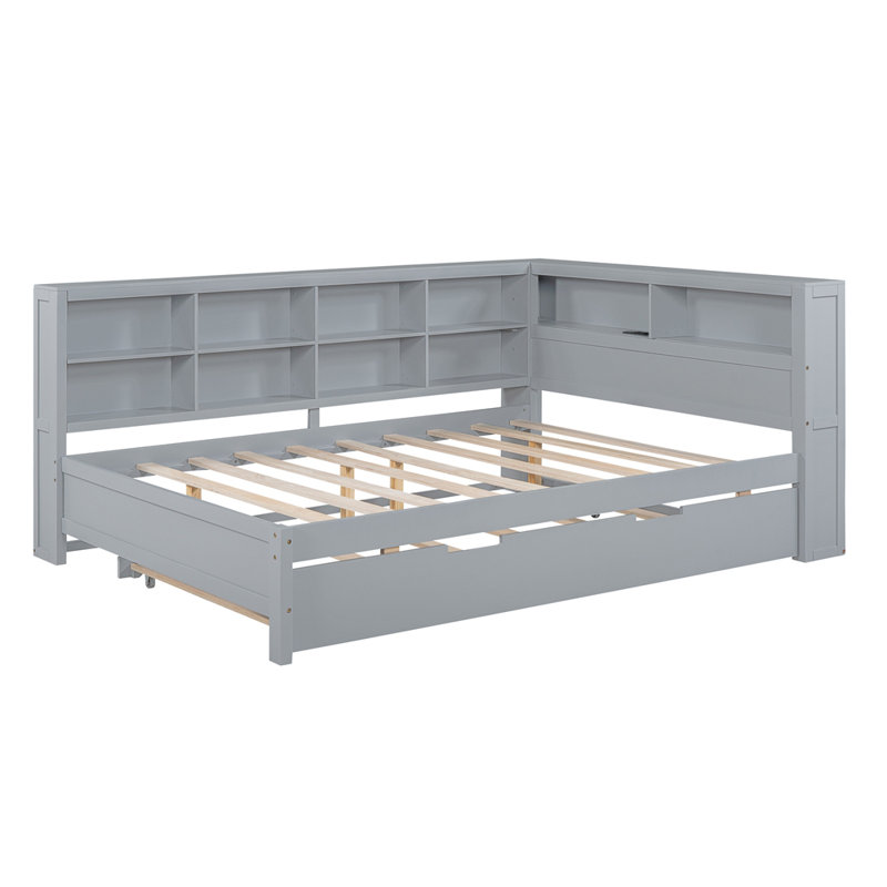 Lit de jour en bois double avec lit gigogne simple, lit de jour avec tablette de rangement et ports de chargement USB, gris