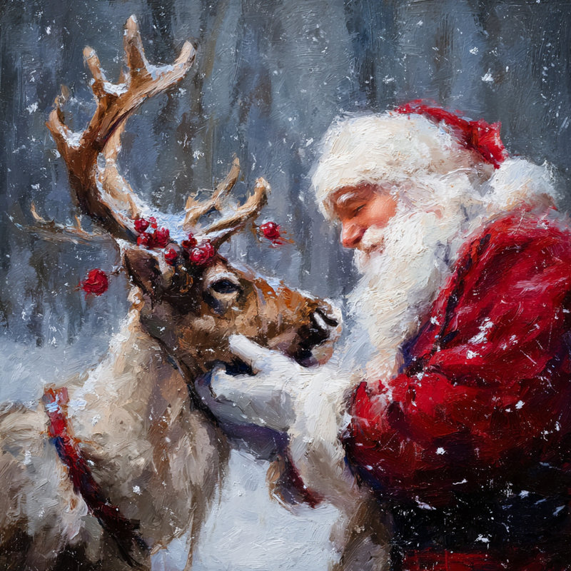 Père Noël et renne sur toile tendue, H 20 po x l 20 po
