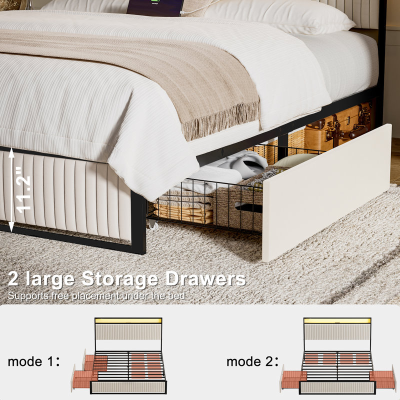 Antioch Upholstered Bed Frame with 2 Storage Drawers, Modern Platform Bed with Charging Station & LED Light, No Spring Box Needed