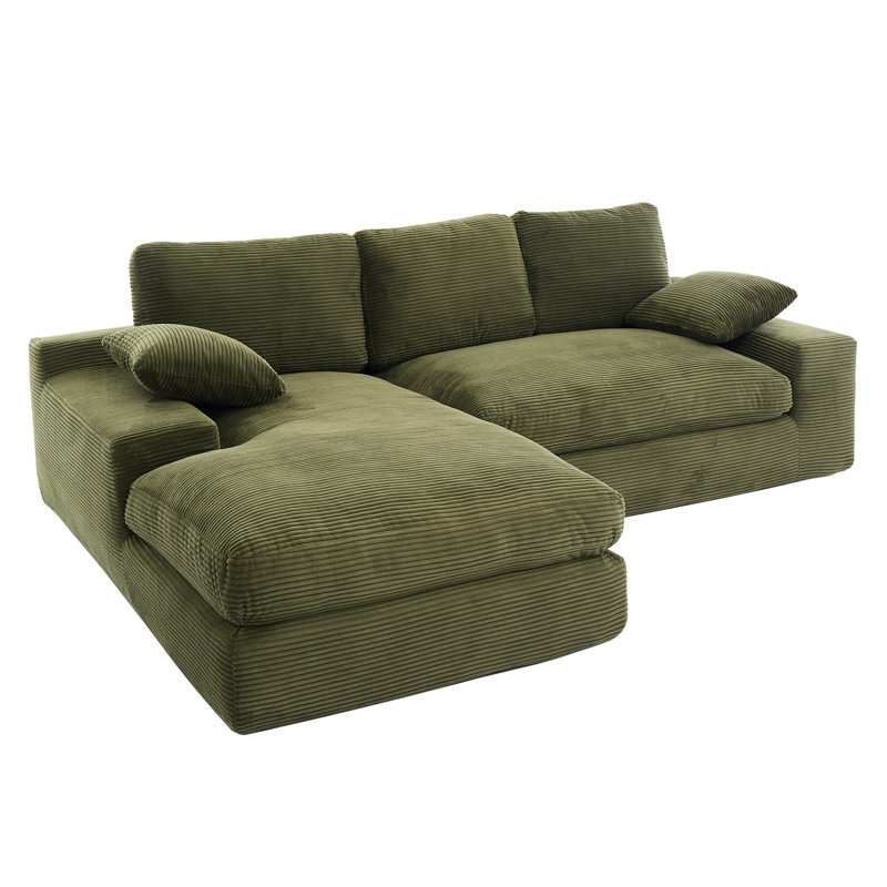 Canapé modulaire en L Corduroy avec 2 coussins et méridienne, Velours côtelé vert