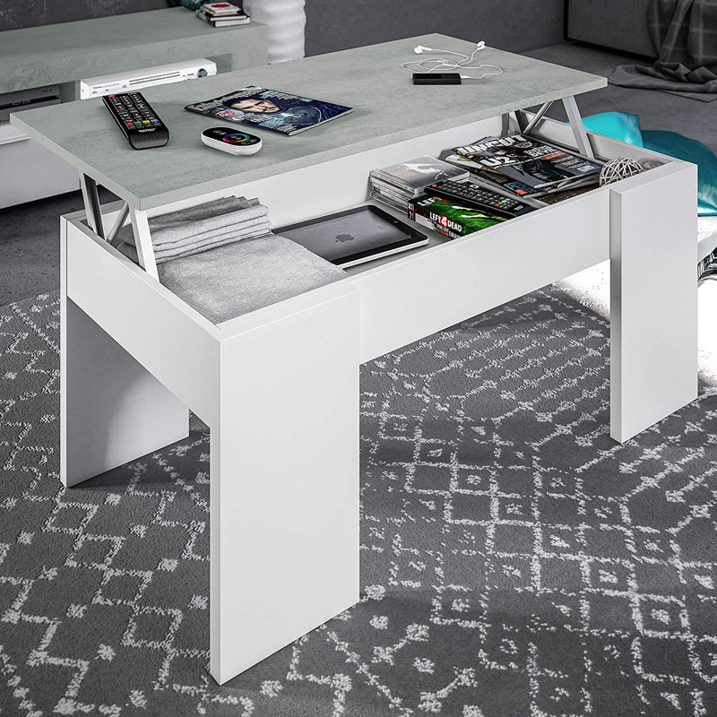 Biaggio Lift Top Four Leg Coffee Table with Storage, White, 56" H x 100" L x 50" W
