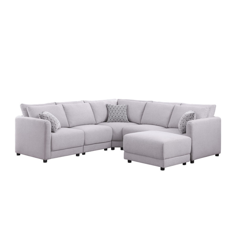 Modern Sofa Penelope 94.5" Linen Fabric Reversible L-Shape Sectional Sofa With Ottoman And Pillows