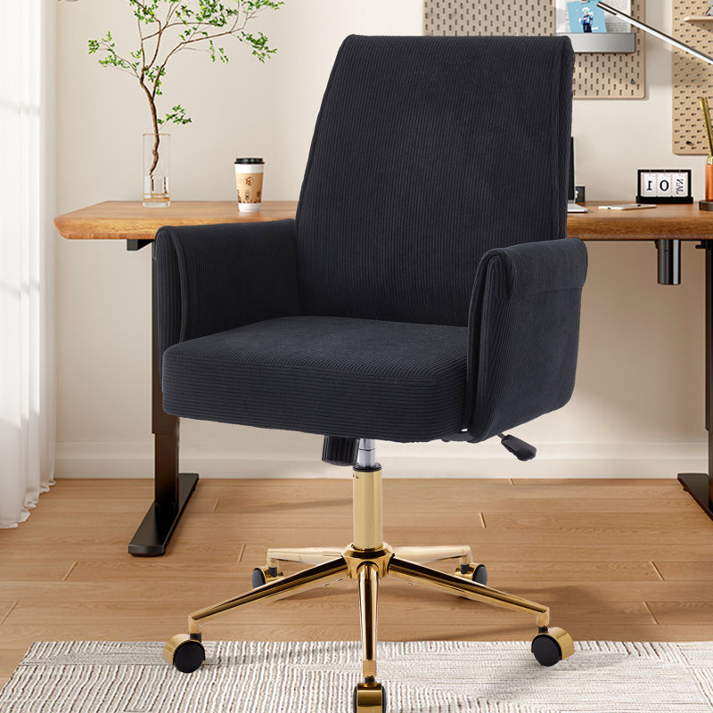 Chaise de bureau ergonomique à dossier mi-haut et relevable, en velours côtelé noir rayé, base en métal doré, coussin en mousse à mémoire de forme souple, forme en S pour un soutien lombaire, un confort des épaules et des coudes, coutures de haute précision.