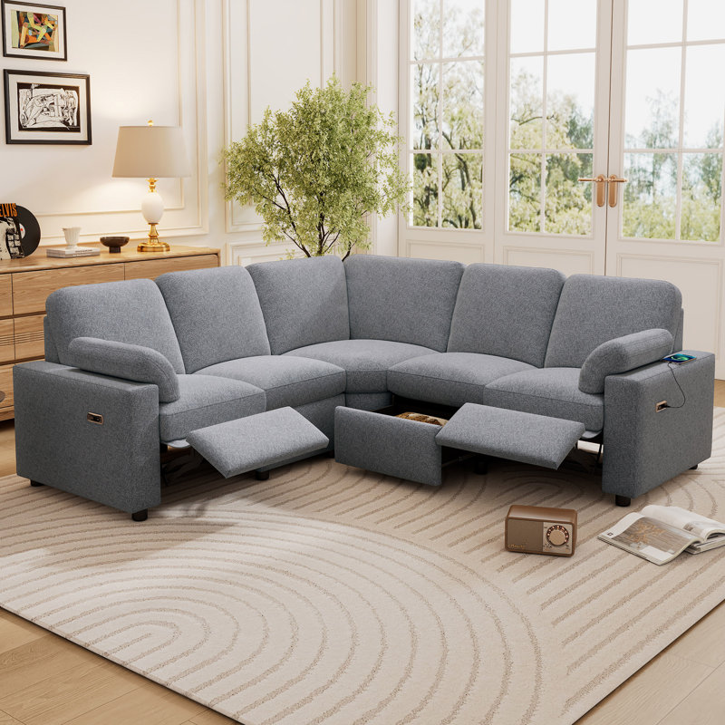 Canapé modulaire inclinable 89 po avec deux ports USB et deux tiroirs de rangement pour le salon, Lin gris