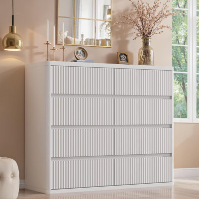 Commode cannelée en bois à 8 tiroirs cannelés, largeur 48 po, blanc