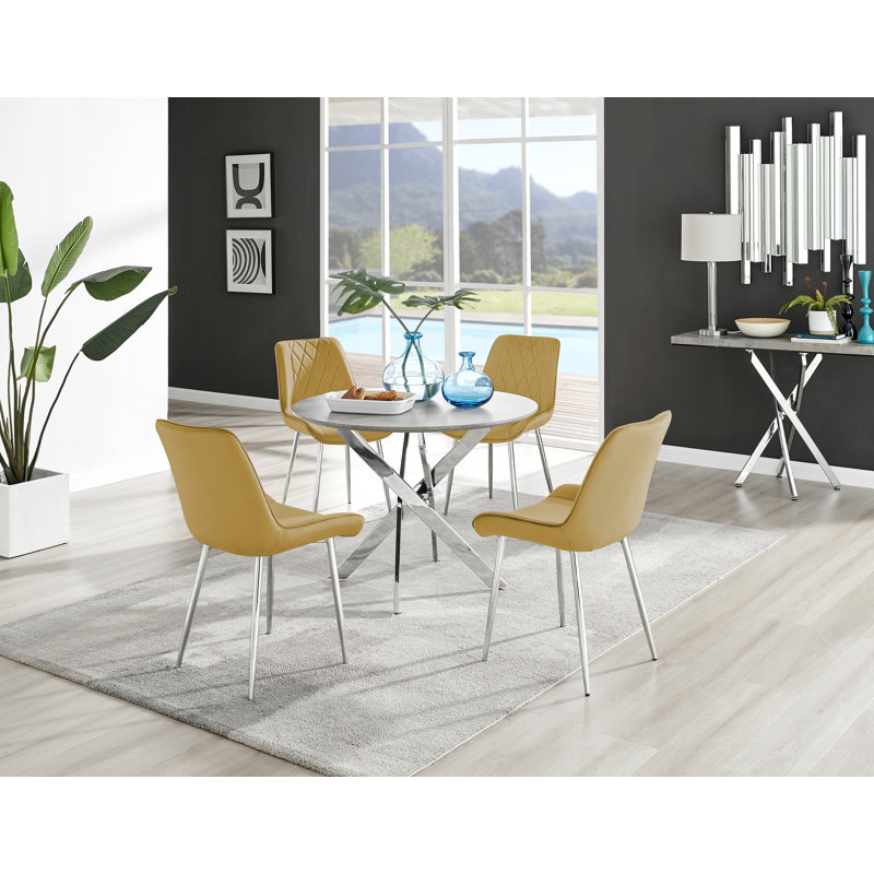 Tierra Modern Chrome Metal & Glass Round Dining Table Set with 4 Luxury Velvet Dining Chairs, Mustard/Silver, Silver