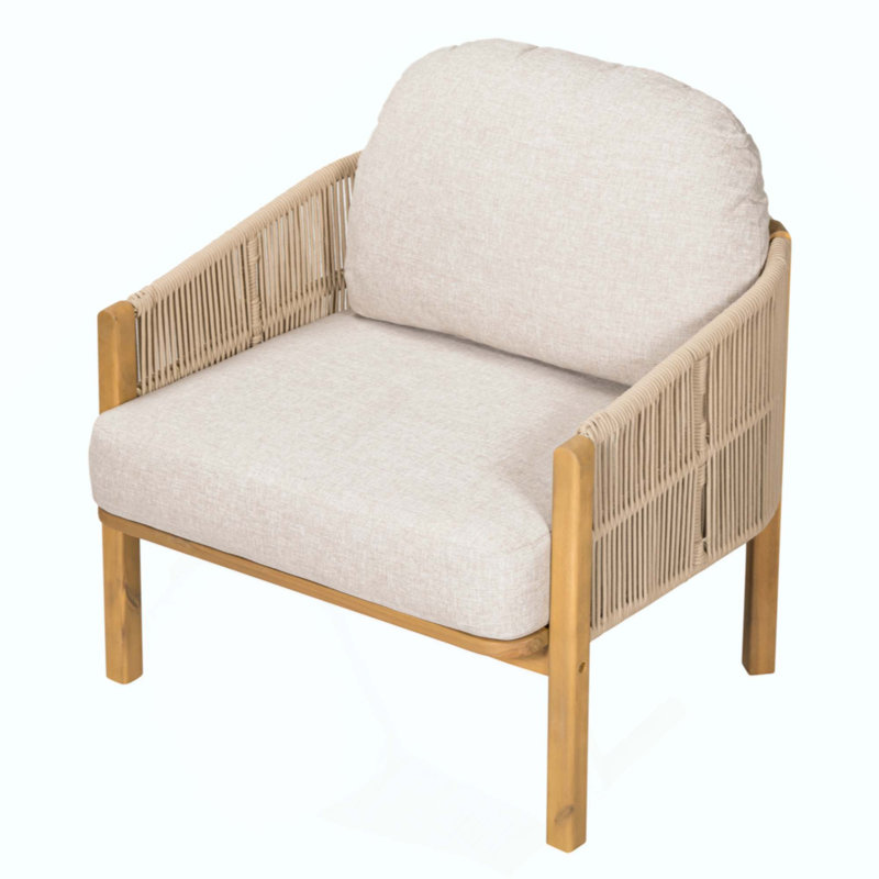 Fauteuil club d'extérieur en bois avec coussin, 1, Light Gray Cushion/Light Natural/Black Frame