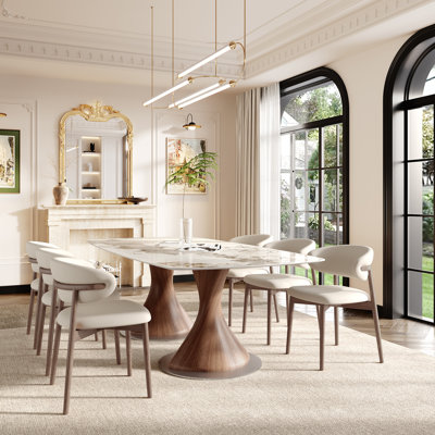 Table de salle à manger rectangulaire de luxe moderne de 239 cm (94 po) en pierre frittée brillante, avec double pied central en spirale en bois massif et sièges rembourrés pour 8 à 12 personnes.