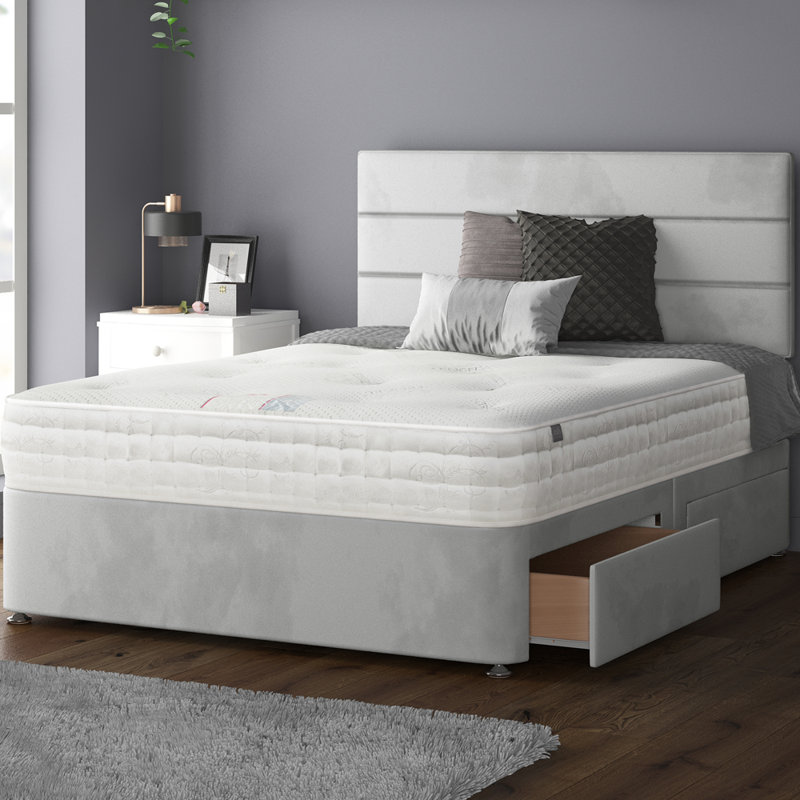 Hayder Upholstered Bed, Kingsize (5'), Silver, 2 Foot-end Drawers