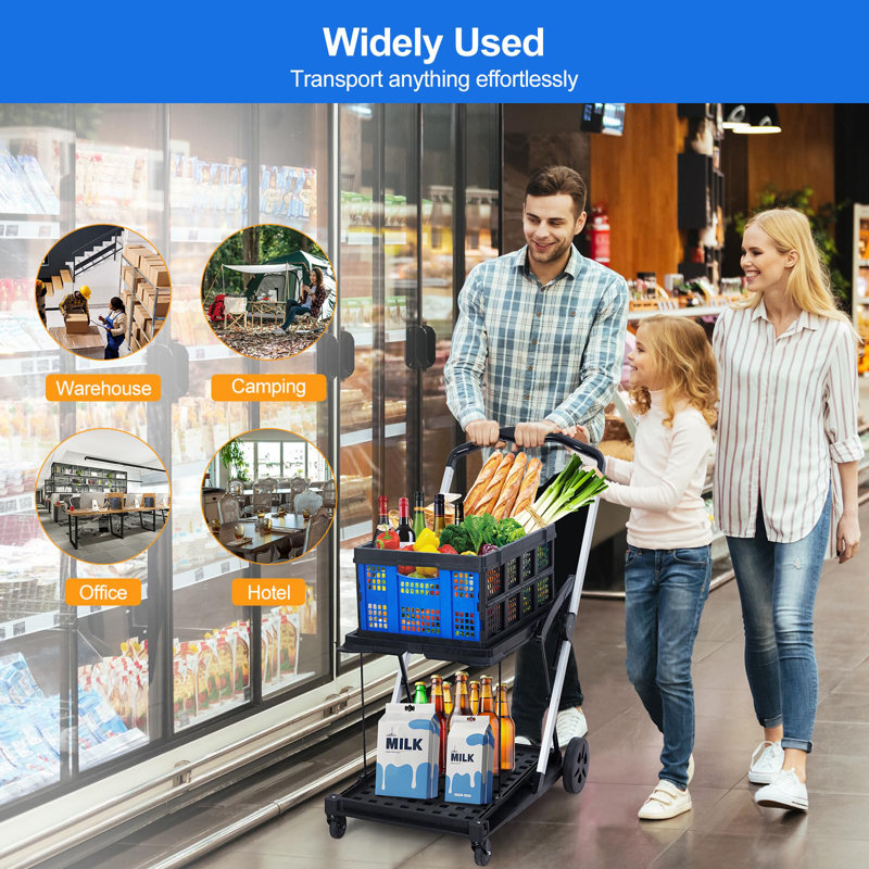 Shopping Cart, Foldable Grocery Cart with Wheels and Removable Storage Crate, Multi Use Mobile Storage Cart Portable Rolling Cart for Home, Groceries, Supermarket