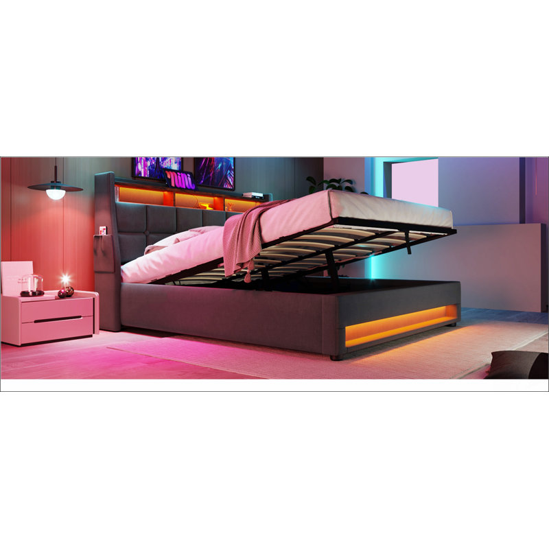 Lit plateforme tapissier avec système de rangement hydraulique, DEL et chargement USB, Gris, Grand lit