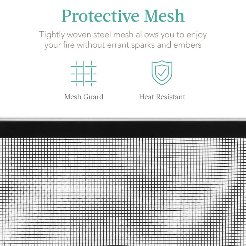Cassiano 38x27in Single Panel Fireplace Screen Handcrafted Steel Mesh Spark Guard w/ Handles, Black