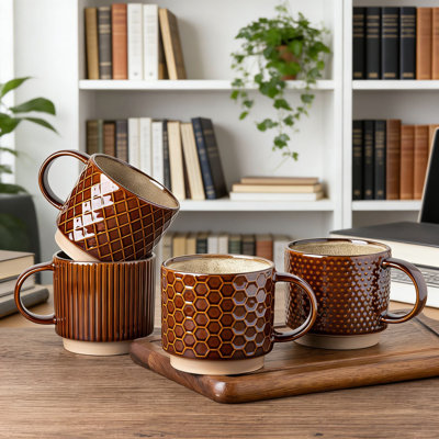 Ceramic Coffee Mugs Set Of 4, 6 Oz Modern Textured Espresso Cups, Dishwasher & Microwave Safe, Lead-Free Chip-Resistant Design For Home, Office, Or Gifting