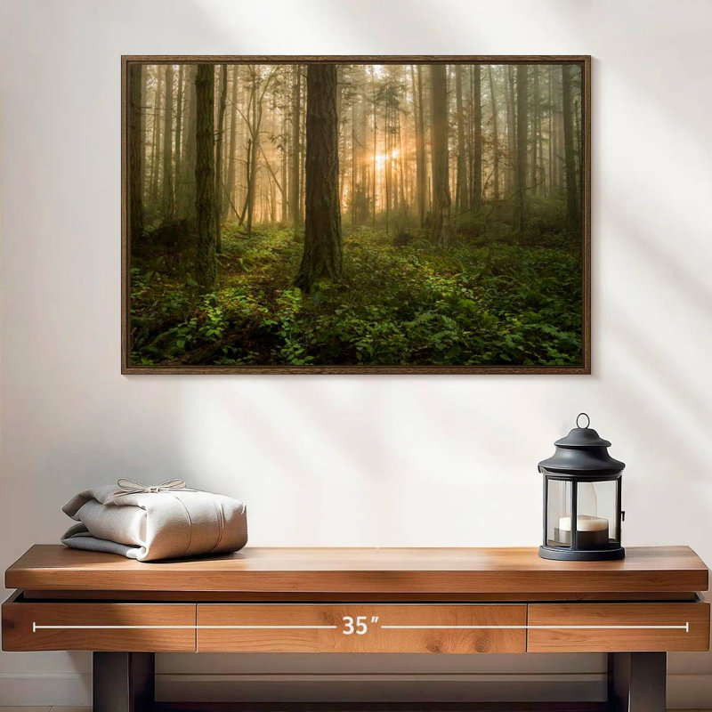 Lever de soleil sur la forêt de l'île Lummi, 25 po x 17 po, Cadre flottant noyer