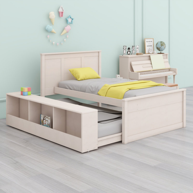 Lit plateforme en bois robuste avec lit gigogne et tablettes de rangement durables, Lit simple, Cream White