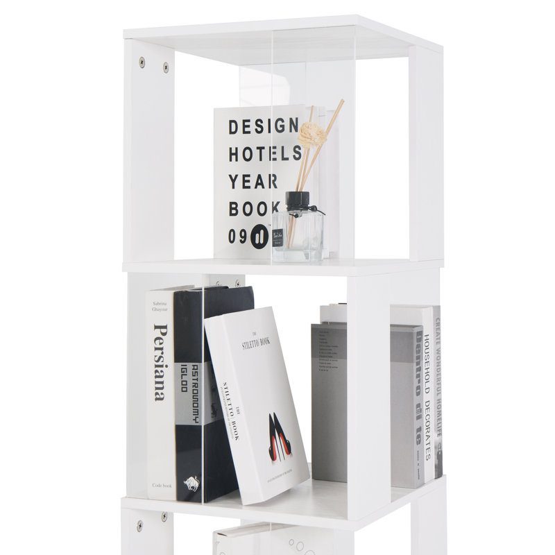Rotating Bookshelf, Floor Rack With Acrylic Plate And Anti-Toppling Base, White, (5 Shelves) 63" H x 19.7" W x 19.7" D
