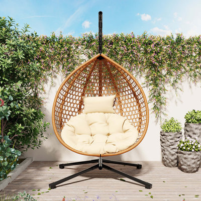 Chaise hamac robuste avec support, chaise à œufs suspendue durable avec tissage en rotin, chaises de balançoire intérieures et extérieures confortables avec coussin doux et amovible, convient au balcon, à la chambre à coucher ou au jardin