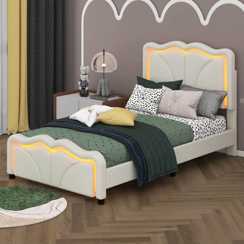Upholstered Platform Bed With Curve Shaped, White, Twin