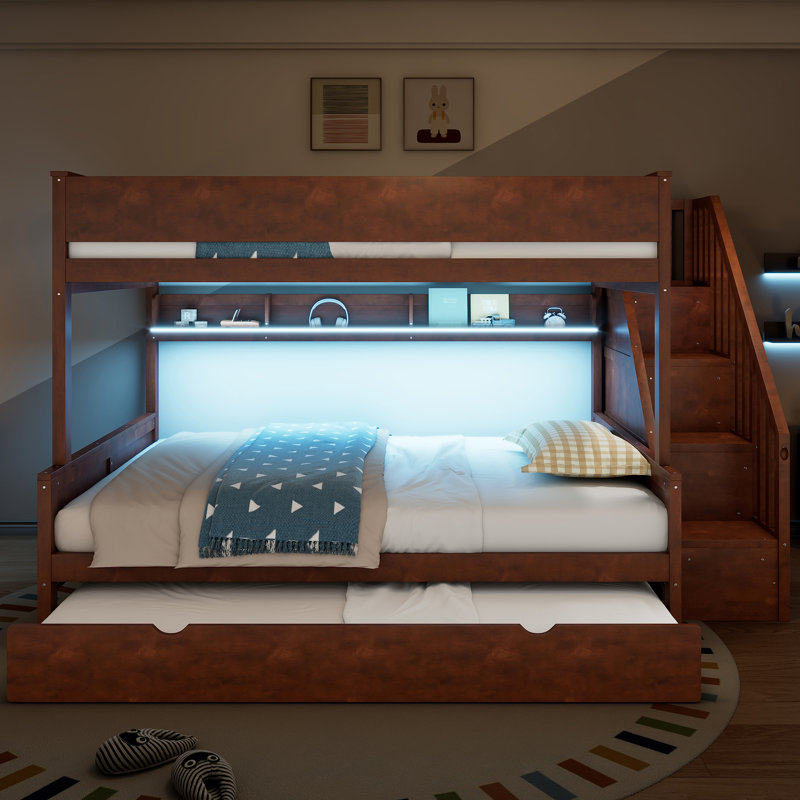 Full XL over Queen Bunk Bed with Stairs, Storage Shelves, Twin Trundle and LED Light, Solid Wood Bunk Bed Frame,Walnut