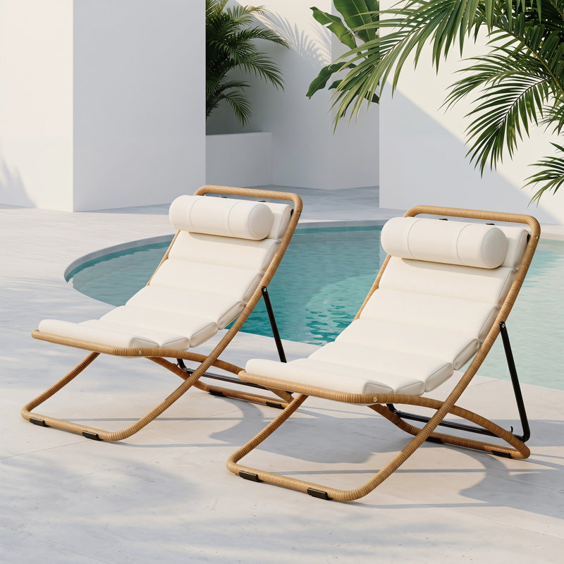Chaise pliante d'extérieur enveloppée de rotin (ensemble de 2), avec dossier réglable, coussin épais, Jaune