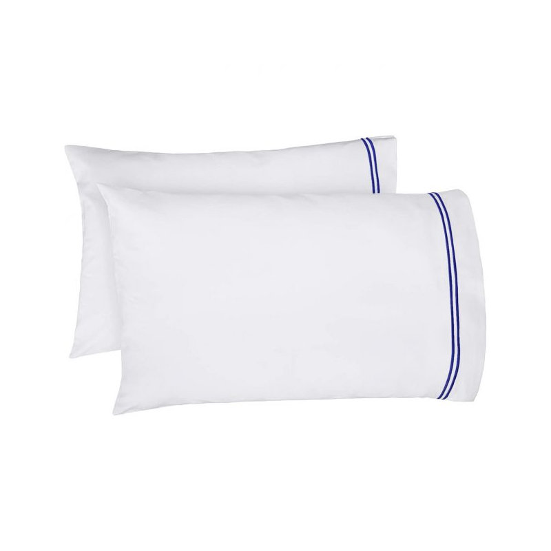 400TC Double Embroidery Cotton Sateen Pillowcases (Set Of 2), White/Navy Blue